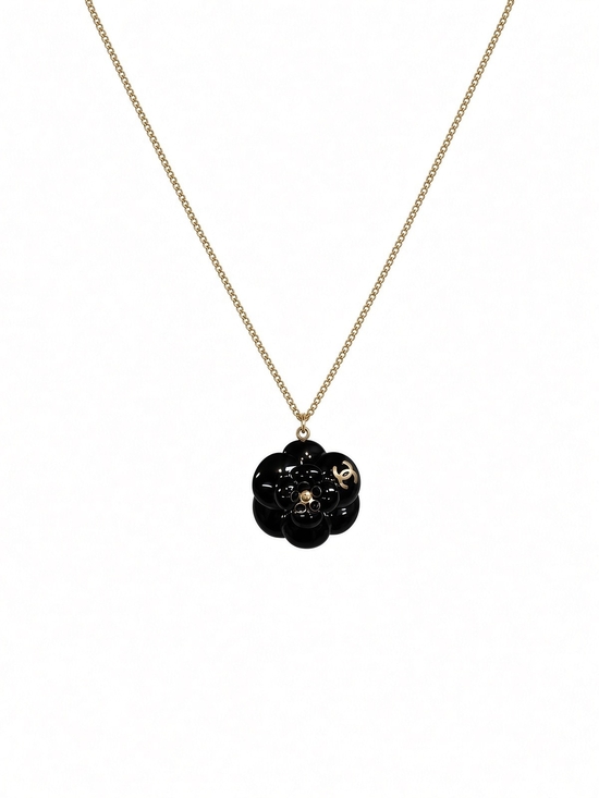 CHANEL Jewelry - CHANEL Black Camellia Pendant Necklace with Gold Chain